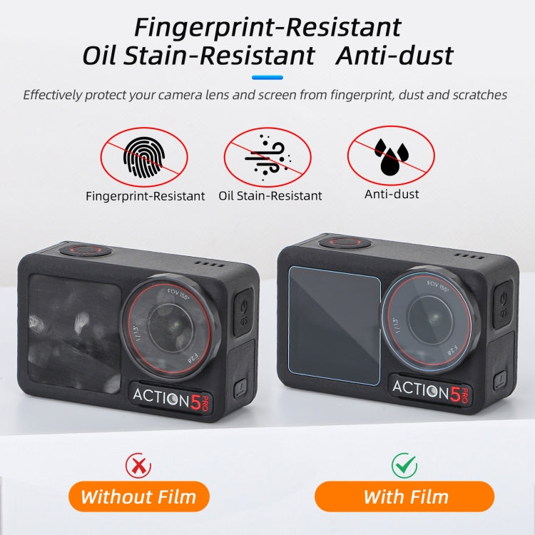 For DJI Osmo Action 5 Pro Sunnylife 3 in 1 Lens Protector Front and Rear Screen Tempered Glass Films, Quantity:1 + 1 + 1 Sets