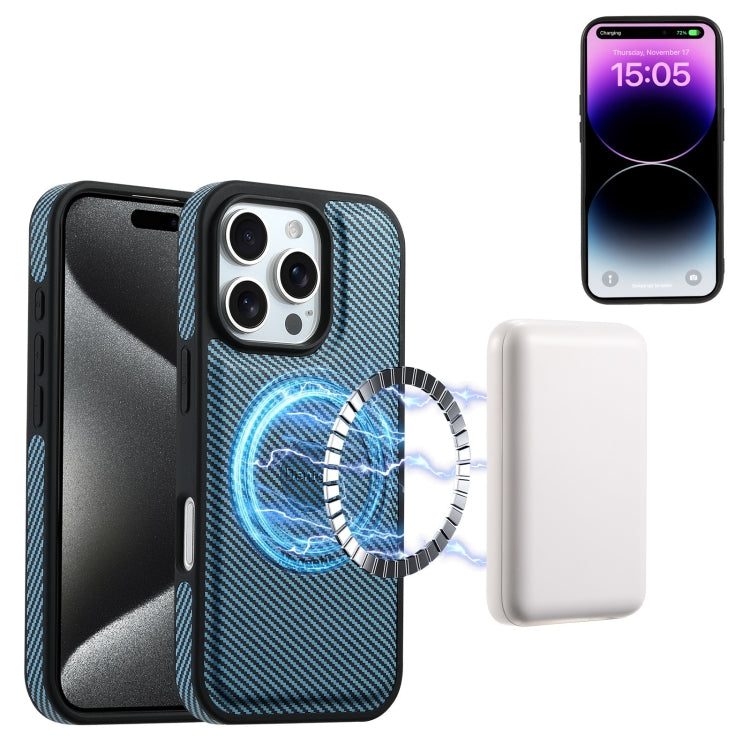 For iPhone 16 Pro Max Denior Carbon Fiber Texture Leather Card Bag MagSafe Phone Case(Blue)