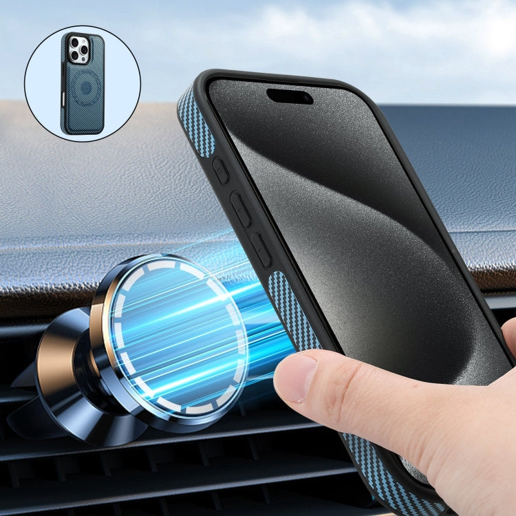 For iPhone 16 Pro Max Denior Carbon Fiber Texture Leather Card Bag MagSafe Phone Case(Blue)