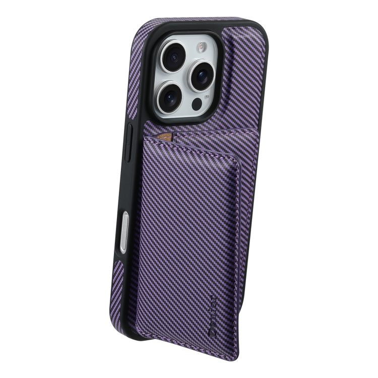 For iPhone 16 Pro Max Denior Carbon Fiber Texture Leather Card Bag MagSafe Phone Case(Purple)