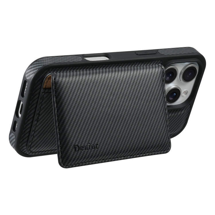 For iPhone 16 Pro Denior Carbon Fiber Texture Leather Card Bag MagSafe Phone Case(Black)