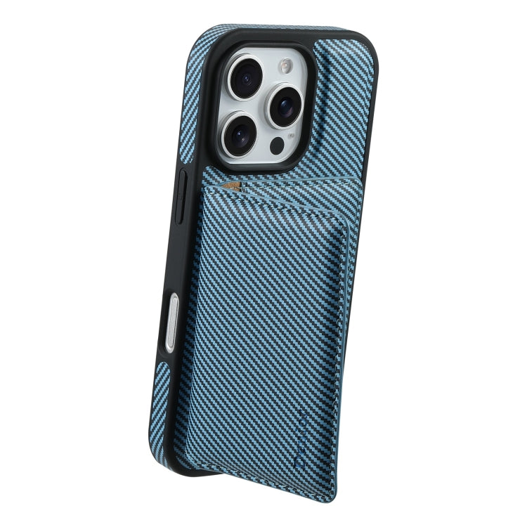 For iPhone 16 Pro Denior Carbon Fiber Texture Leather Card Bag MagSafe Phone Case(Blue)