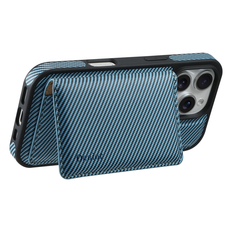 For iPhone 16 Pro Denior Carbon Fiber Texture Leather Card Bag MagSafe Phone Case(Blue)