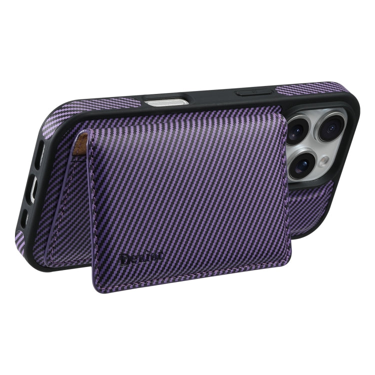 For iPhone 16 Pro Denior Carbon Fiber Texture Leather Card Bag MagSafe Phone Case(Purple)