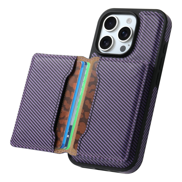 For iPhone 16 Pro Denior Carbon Fiber Texture Leather Card Bag MagSafe Phone Case(Purple)