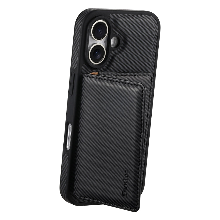 For iPhone 16 Plus Denior Carbon Fiber Texture Leather Card Bag MagSafe Phone Case(Black)