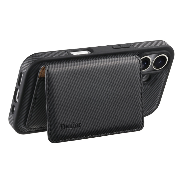 For iPhone 16 Plus Denior Carbon Fiber Texture Leather Card Bag MagSafe Phone Case(Black)