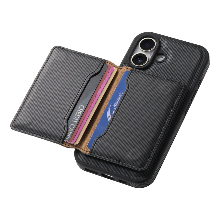 For iPhone 16 Plus Denior Carbon Fiber Texture Leather Card Bag MagSafe Phone Case(Black)