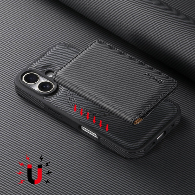For iPhone 16 Plus Denior Carbon Fiber Texture Leather Card Bag MagSafe Phone Case(Black)