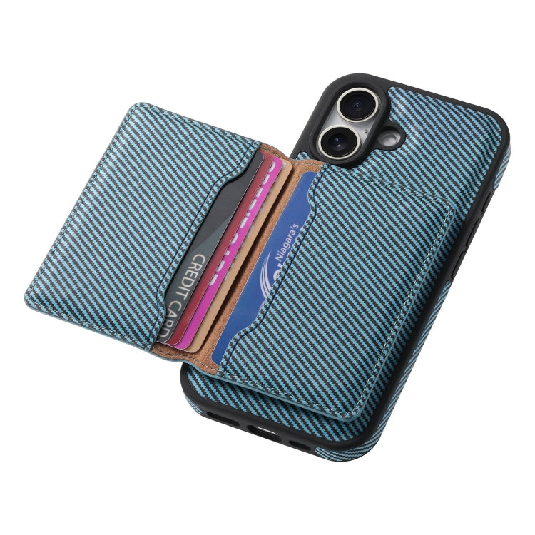 For iPhone 16 Plus Denior Carbon Fiber Texture Leather Card Bag MagSafe Phone Case(Blue)