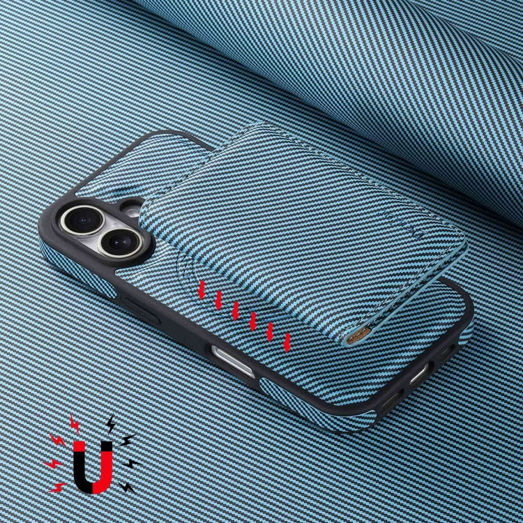 For iPhone 16 Plus Denior Carbon Fiber Texture Leather Card Bag MagSafe Phone Case(Blue)