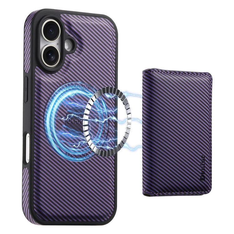 For iPhone 16 Denior Carbon Fiber Texture Leather Card Bag MagSafe Phone Case(Purple)