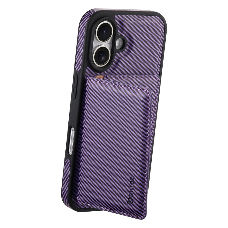 For iPhone 16 Denior Carbon Fiber Texture Leather Card Bag MagSafe Phone Case(Purple)