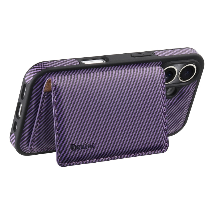 For iPhone 16 Denior Carbon Fiber Texture Leather Card Bag MagSafe Phone Case(Purple)