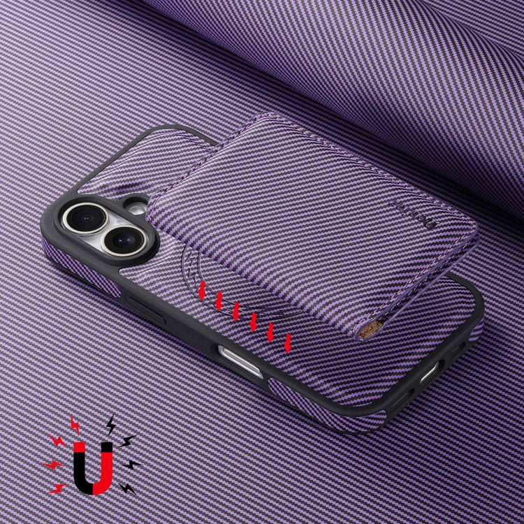 For iPhone 16 Denior Carbon Fiber Texture Leather Card Bag MagSafe Phone Case(Purple)