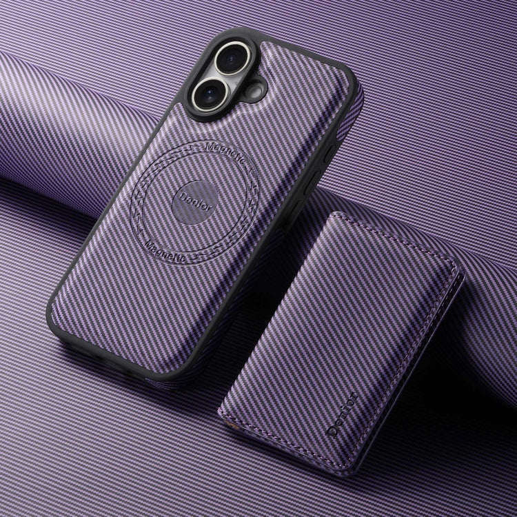 For iPhone 16 Denior Carbon Fiber Texture Leather Card Bag MagSafe Phone Case(Purple)