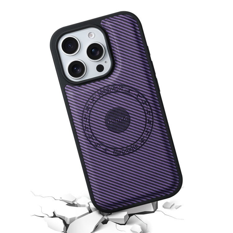 For iPhone 16 Pro Max Denior Carbon Fiber Texture Leather MagSafe Phone Case(Purple)