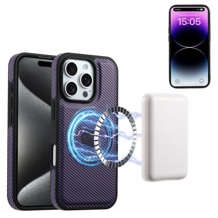 For iPhone 16 Pro Max Denior Carbon Fiber Texture Leather MagSafe Phone Case(Purple)