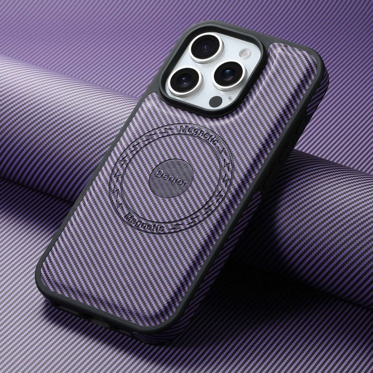 For iPhone 16 Pro Max Denior Carbon Fiber Texture Leather MagSafe Phone Case(Purple)