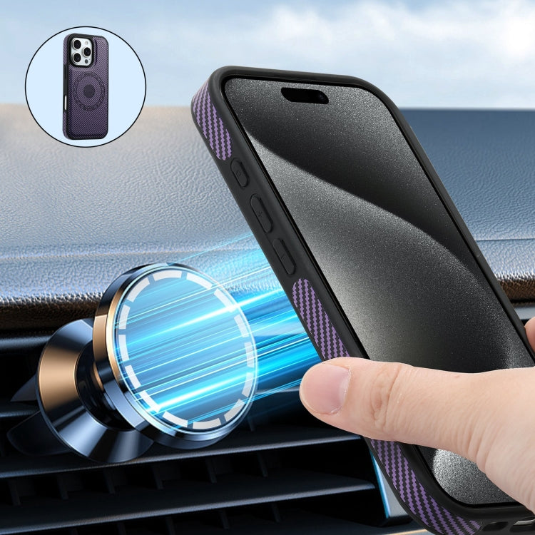 For iPhone 16 Pro Denior Carbon Fiber Texture Leather MagSafe Phone Case(Purple)