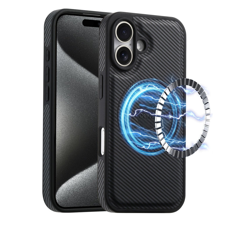 For iPhone 16 Plus Denior Carbon Fiber Texture Leather MagSafe Phone Case(Black)
