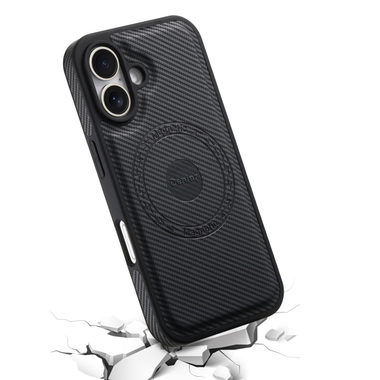 For iPhone 16 Plus Denior Carbon Fiber Texture Leather MagSafe Phone Case(Black)