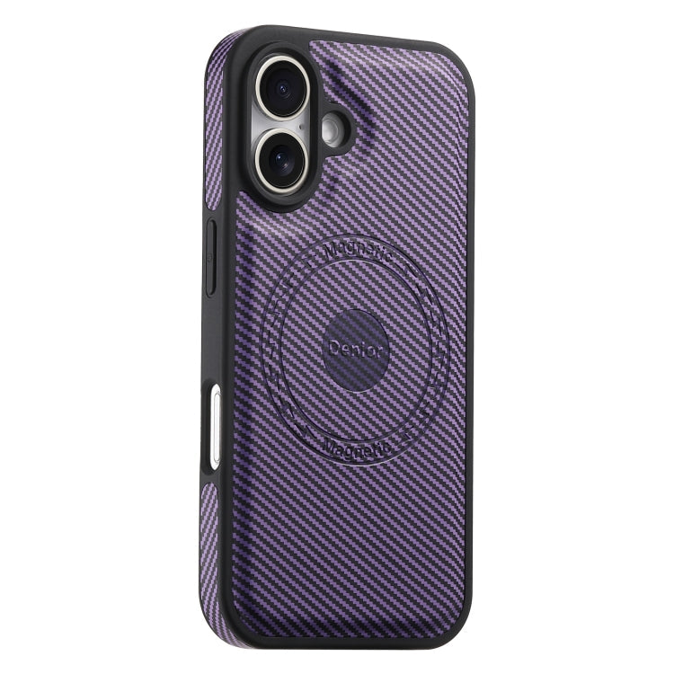 For iPhone 16 Plus Denior Carbon Fiber Texture Leather MagSafe Phone Case(Purple)