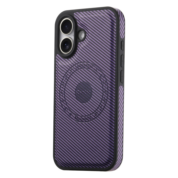 For iPhone 16 Plus Denior Carbon Fiber Texture Leather MagSafe Phone Case(Purple)
