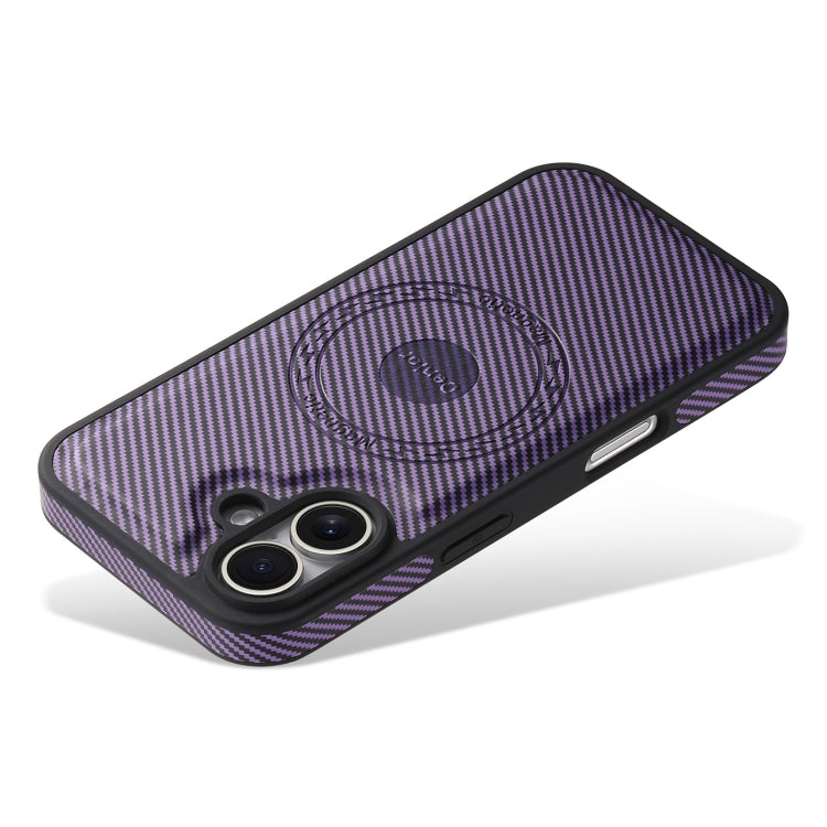For iPhone 16 Plus Denior Carbon Fiber Texture Leather MagSafe Phone Case(Purple)