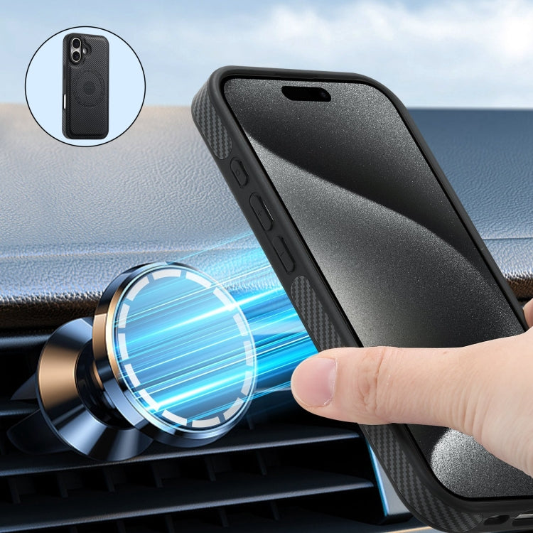 For iPhone 16 Denior Carbon Fiber Texture Leather MagSafe Phone Case(Black)
