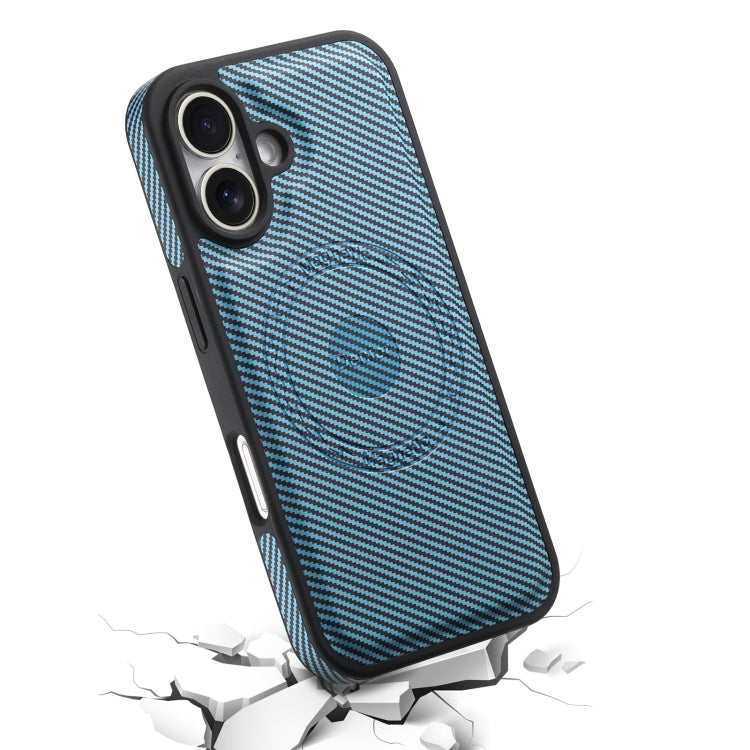For iPhone 16 Denior Carbon Fiber Texture Leather MagSafe Phone Case(Blue)