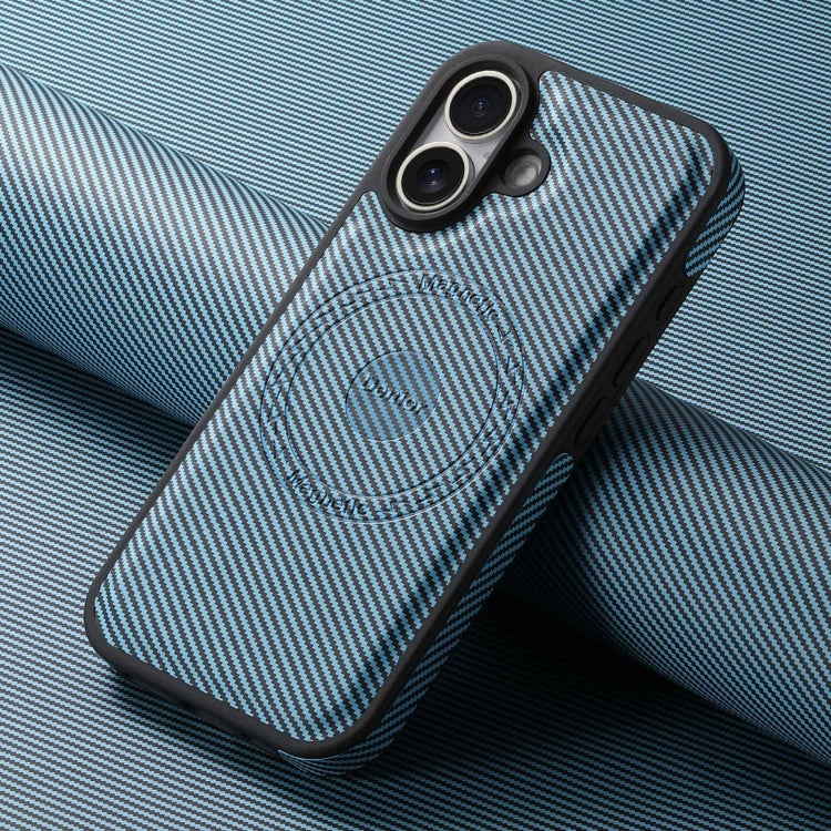 For iPhone 16 Denior Carbon Fiber Texture Leather MagSafe Phone Case(Blue)