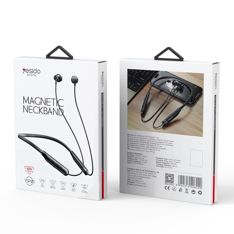 Yesido YSP20 Magnetic Neckband Wireless Bluetooth Earphone(Black)