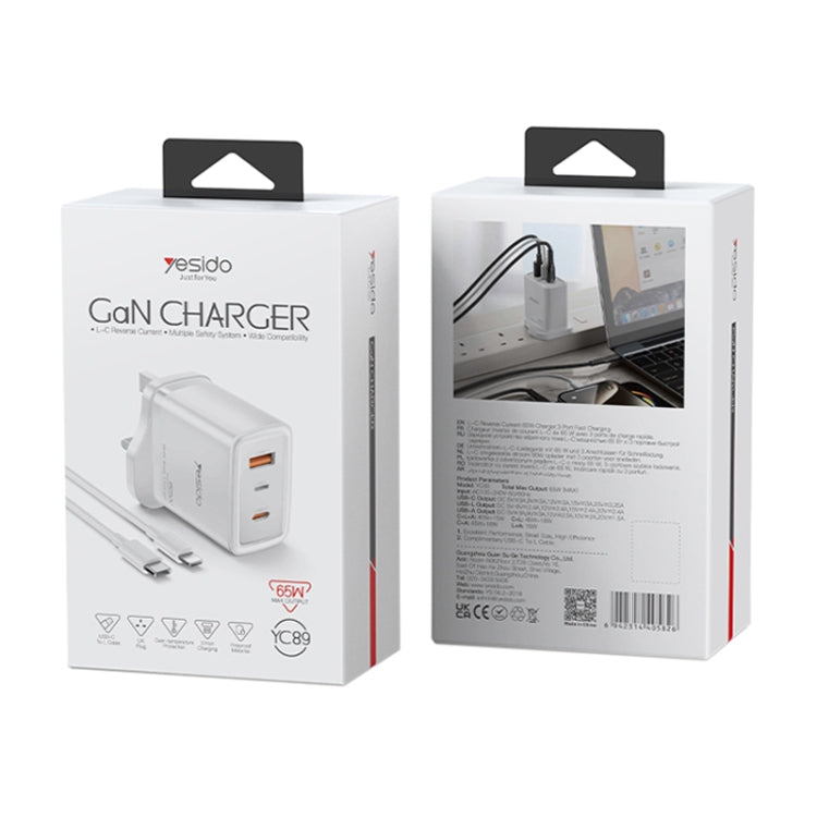 Yesido YC89 65W Type-C, USB, 8 Pin Reverse GaN Fast Charger with Type-C to 8 Pin Cable(UK Plug)