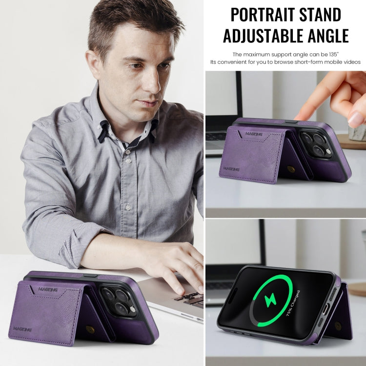 For iPhone 15 Pro Max MAGKING K2 Series MagSafe RFID Card Bag Detachable Phone Case(Purple)