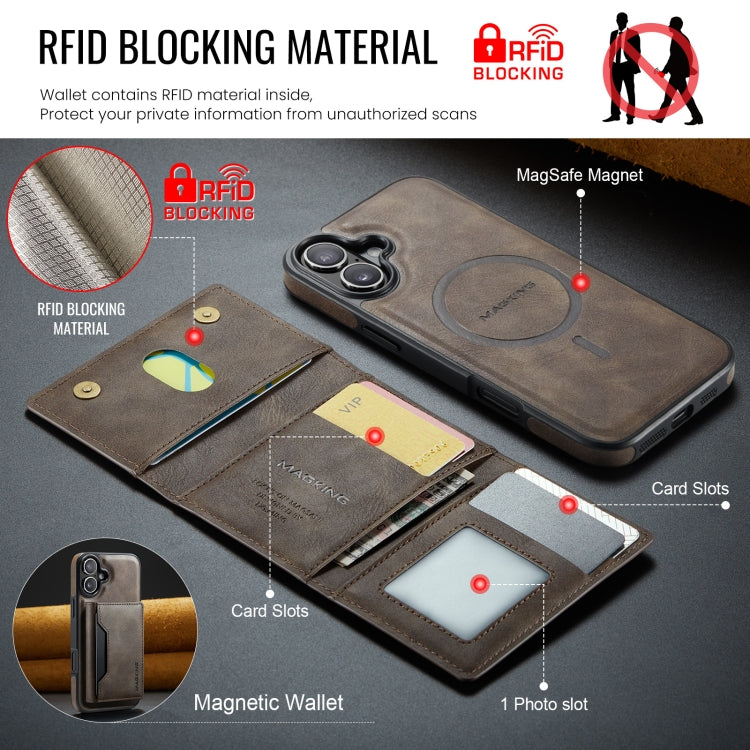 For iPhone 16 Plus MAGKING K2 Series MagSafe RFID Card Bag Detachable Phone Case(Coffee)