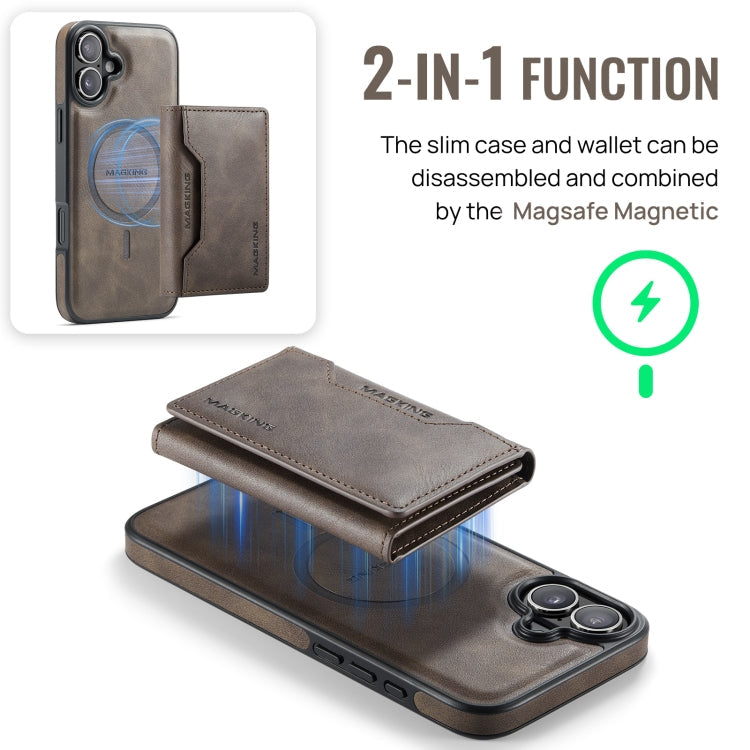 For iPhone 16 Plus MAGKING K2 Series MagSafe RFID Card Bag Detachable Phone Case(Coffee)