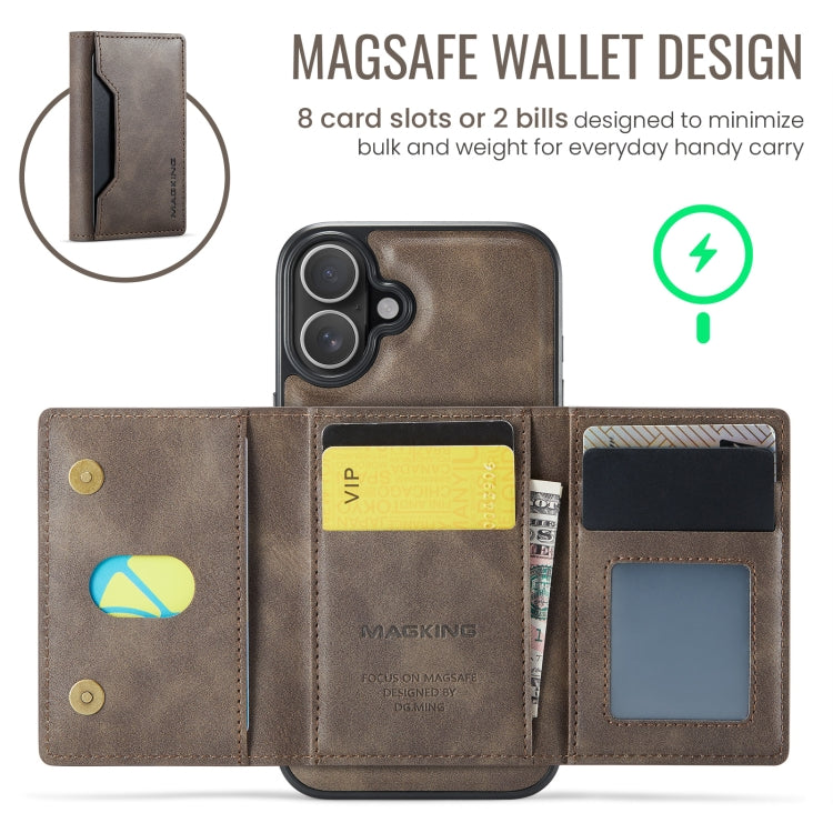 For iPhone 16 Plus MAGKING K2 Series MagSafe RFID Card Bag Detachable Phone Case(Coffee)