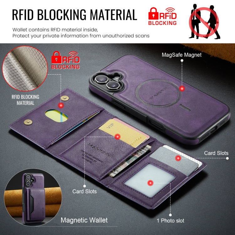 For iPhone 16 MAGKING K2 Series MagSafe RFID Card Bag Detachable Phone Case(Purple)