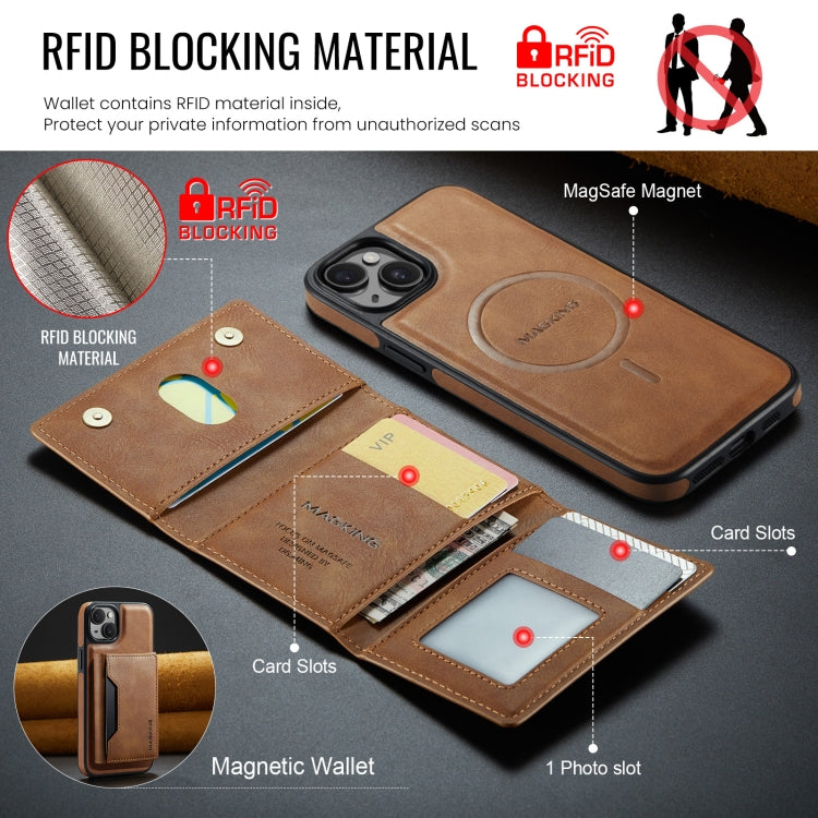For iPhone 14 Plus MAGKING K2 Series MagSafe RFID Card Bag Detachable Phone Case(Brown)