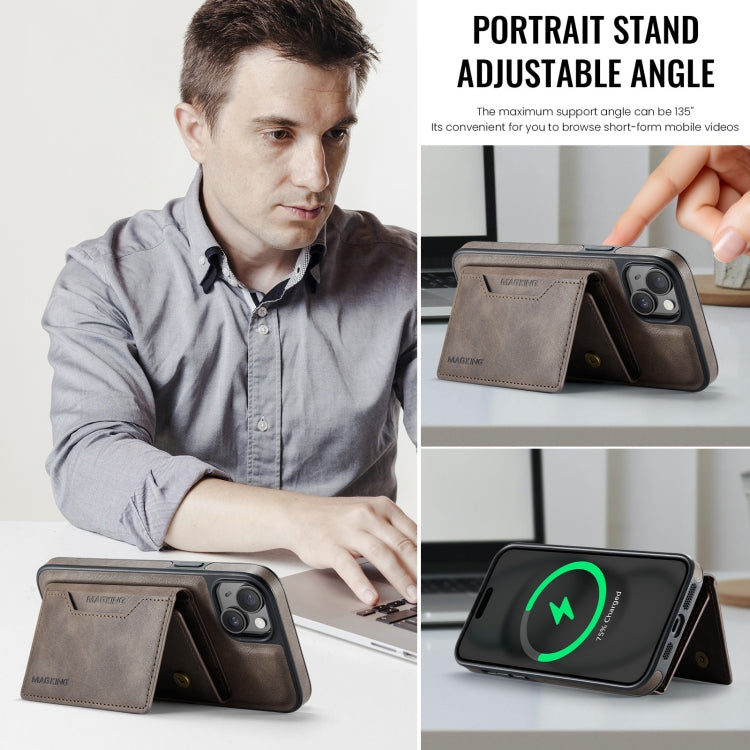 For iPhone 14 Plus MAGKING K2 Series MagSafe RFID Card Bag Detachable Phone Case(Coffee)