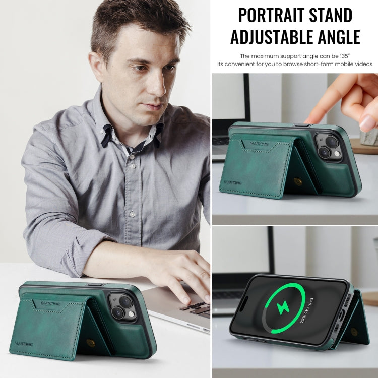For iPhone 14 Plus MAGKING K2 Series MagSafe RFID Card Bag Detachable Phone Case(Green)