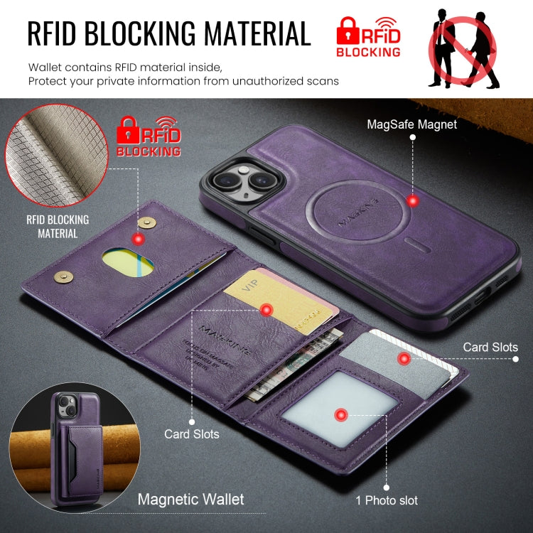 For iPhone 14 Plus MAGKING K2 Series MagSafe RFID Card Bag Detachable Phone Case(Purple)