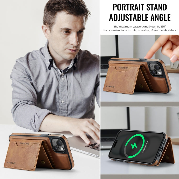 For iPhone 14 MAGKING K2 Series MagSafe RFID Card Bag Detachable Phone Case(Brown)
