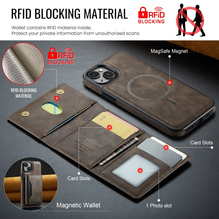 For iPhone 14 MAGKING K2 Series MagSafe RFID Card Bag Detachable Phone Case(Coffee)