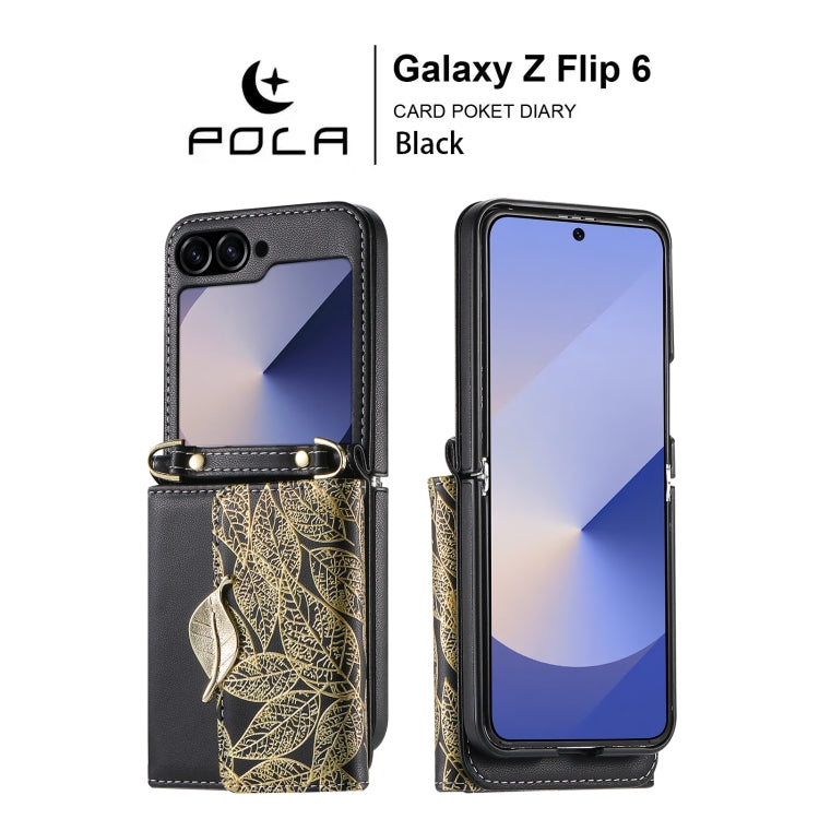 For Samsung Galaxy Z Flip6 / Flip7 FE POLA Multi-Card Slots Leaf Pattern Phone Case(Black)
