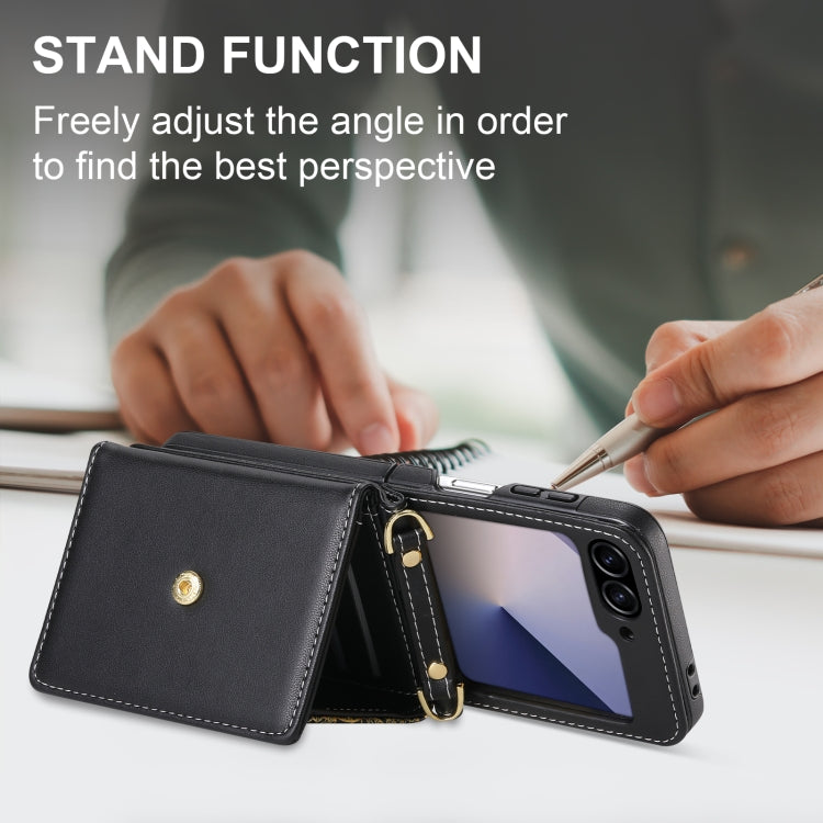 For Samsung Galaxy Z Flip6 / Flip7 FE POLA Multi-Card Slots Leaf Pattern Phone Case(Black)