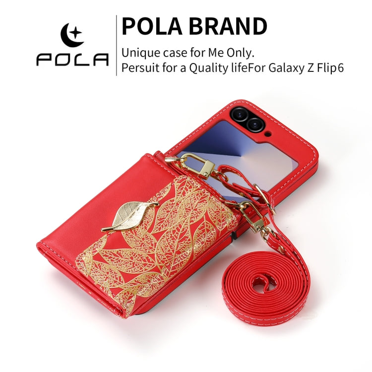 For Samsung Galaxy Z Flip6 / Flip7 FE POLA Multi-Card Slots Leaf Pattern Phone Case(Red)