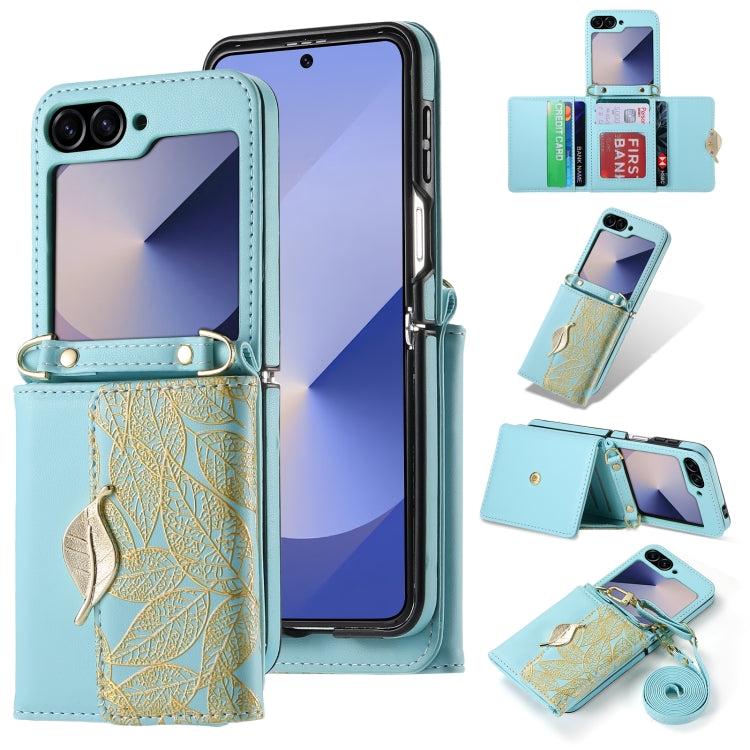 For Samsung Galaxy Z Flip6 / Flip7 FE POLA Multi-Card Slots Leaf Pattern Phone Case(Blue)
