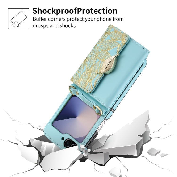 For Samsung Galaxy Z Flip6 / Flip7 FE POLA Multi-Card Slots Leaf Pattern Phone Case(Blue)